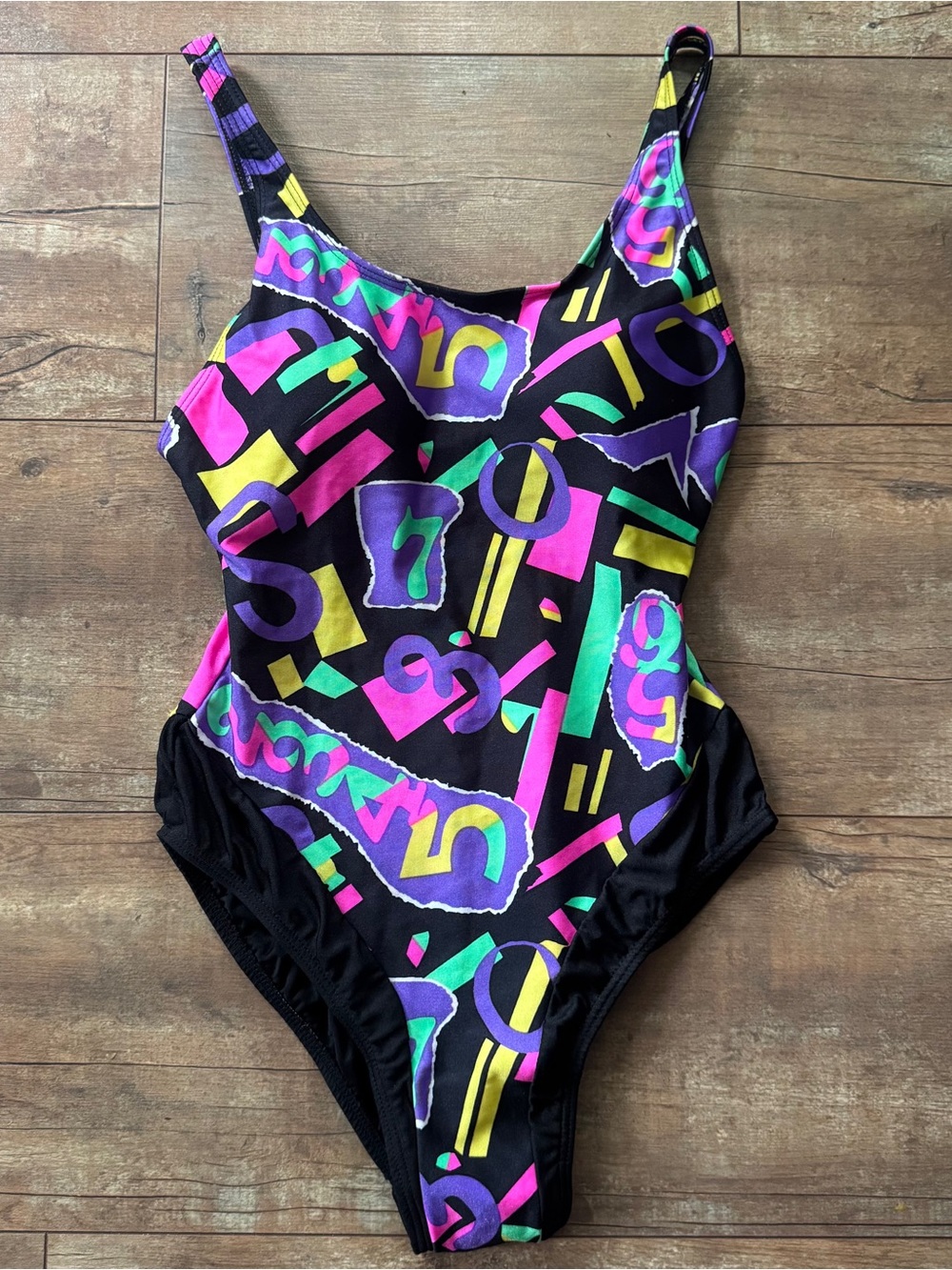 Ogival Vintage 80s/90s One-Piece Swimsuit Black Neon Print High Cut Sz Large 6/8